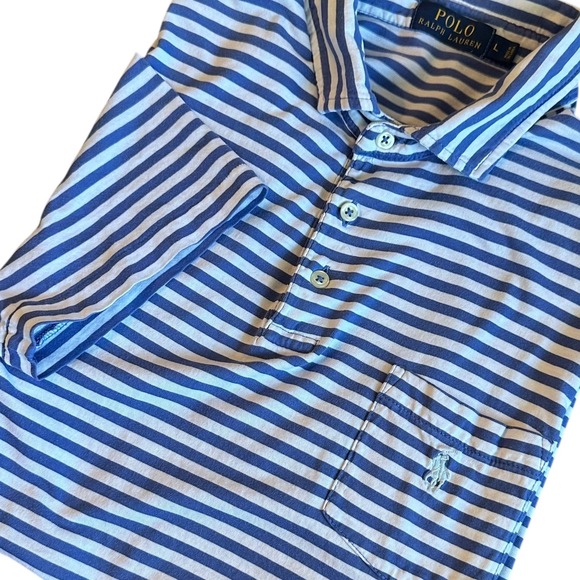 Polo Ralph Lauren Men's L Blue White Striped Short Sleeve Polo Shirt With Pocket - Picture 1 of 11